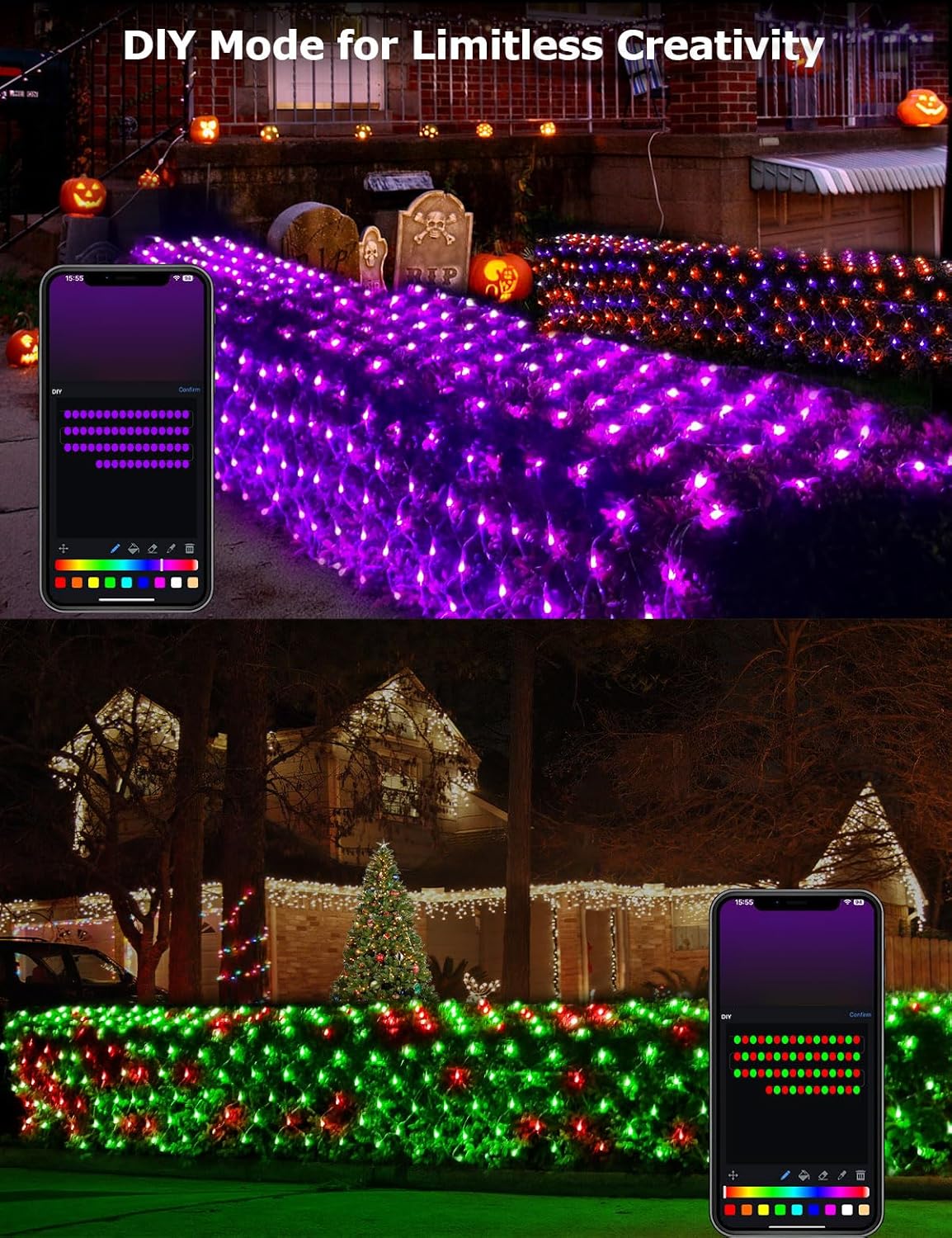 Smart Outdoor Net Lights 4 * 18ft with RGBW DIY Modes, 300 LEDs Christmas Net Lights with 100+ Preset Scenes and Timer Music Sync, Waterproof for Bushes Shrubs Tree Decoration, APP & Remote Control