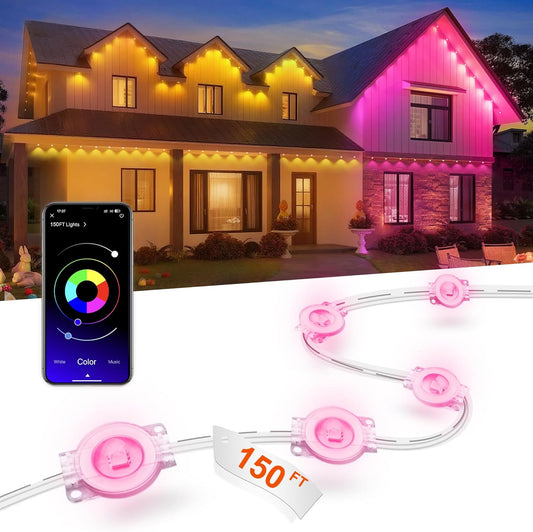 Nexillumi Permanent Outdoor Lights for House, 150ft Smart RGB LED Lights Outside with 16 Million DIY Colors, IP67 Waterproof Eternity Eaves Lighting for Christmas Halloween Holiday Daily Decorations