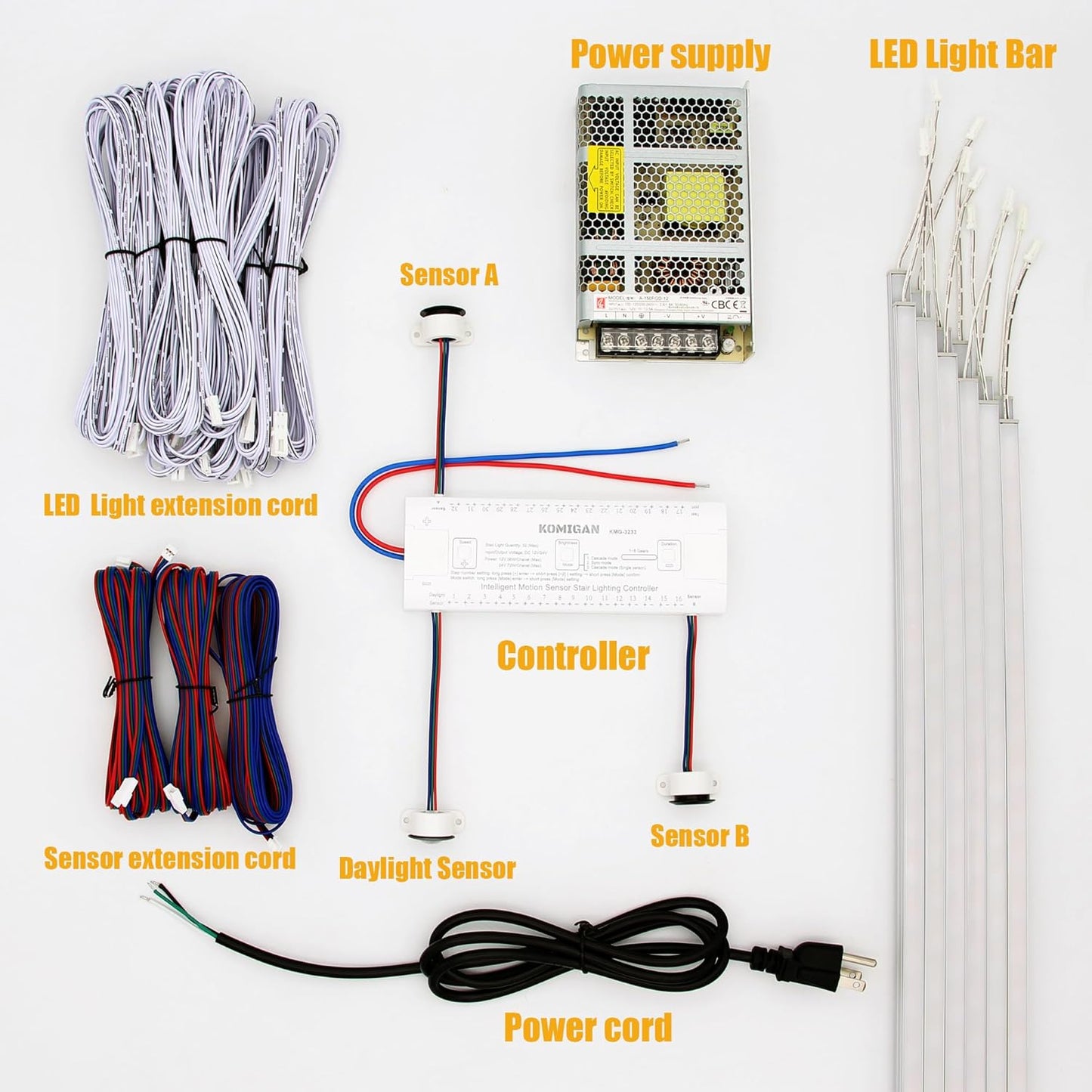 Motion-Activated Cascading Effect LED Stair Lighting Kit KMG-3233, 23.6" Aluminum Light Bar for Indoor Staircases (Warm White 3000K, 16 Stairs)