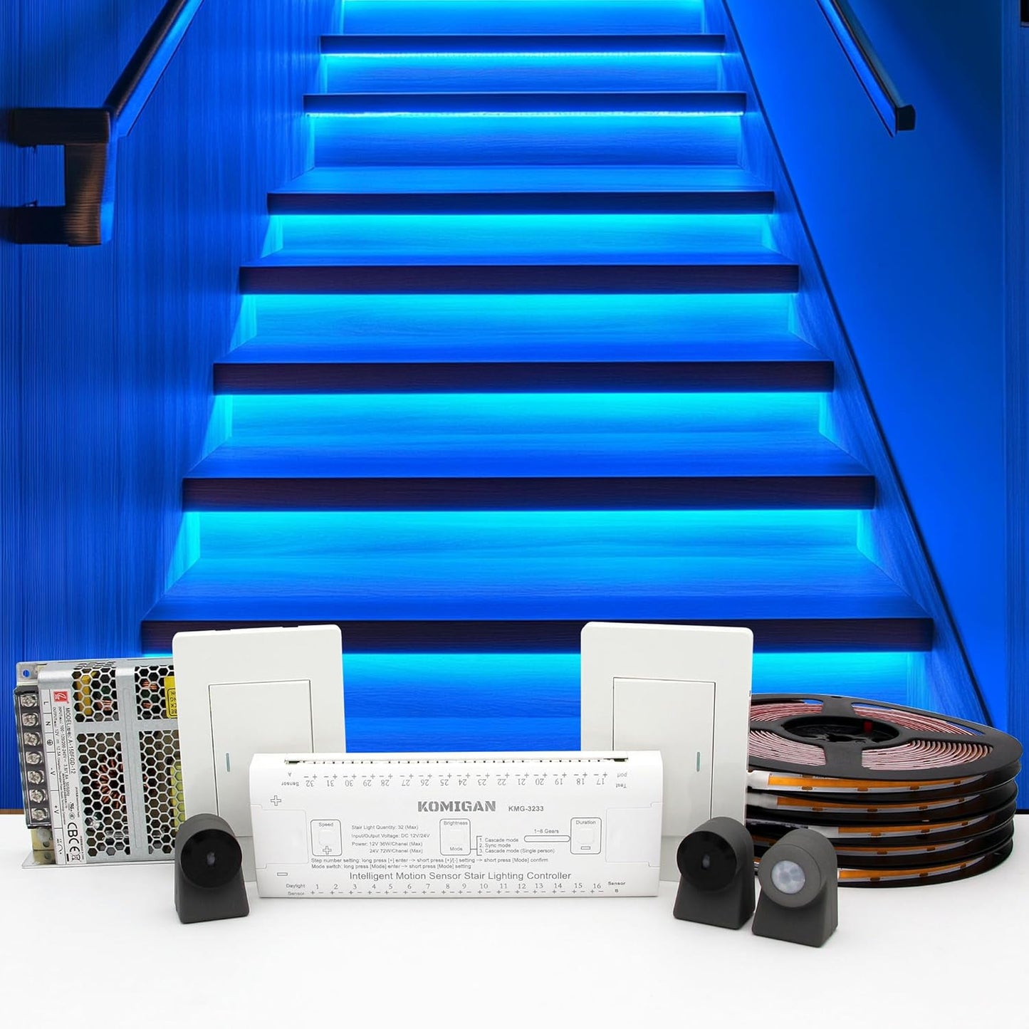 Intelligent Motion Triggered LED Stair Lighting Kit KMG-3233, 40" Cuttable LED Strip Light for Indoor LED Stair Lights (Warm White 3000K,12 Stairs)