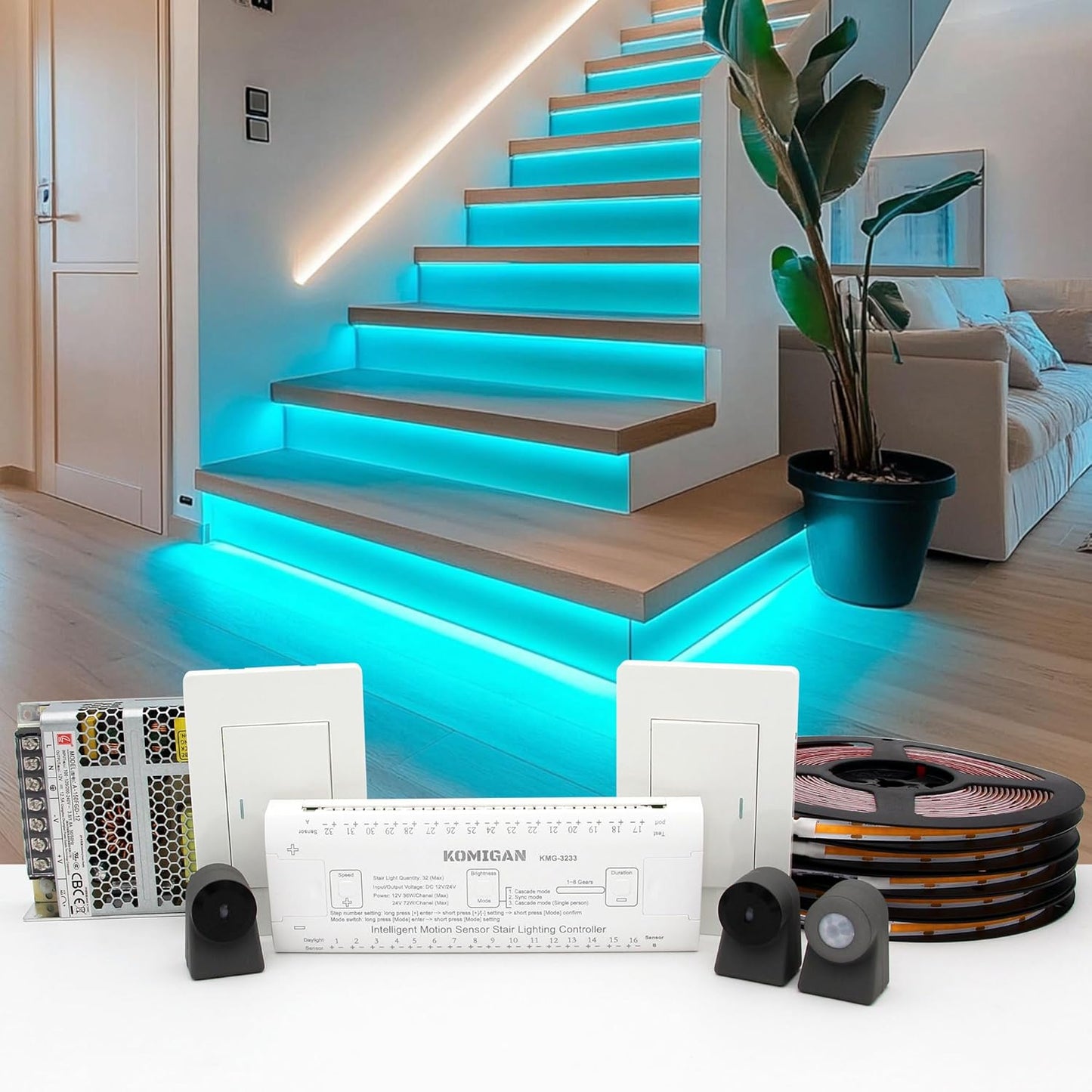 Intelligent Motion Triggered LED Stair Lighting Kit KMG-3233, 40" Cuttable LED Strip Light for Indoor LED Stair Lights (Warm White 3000K,12 Stairs)