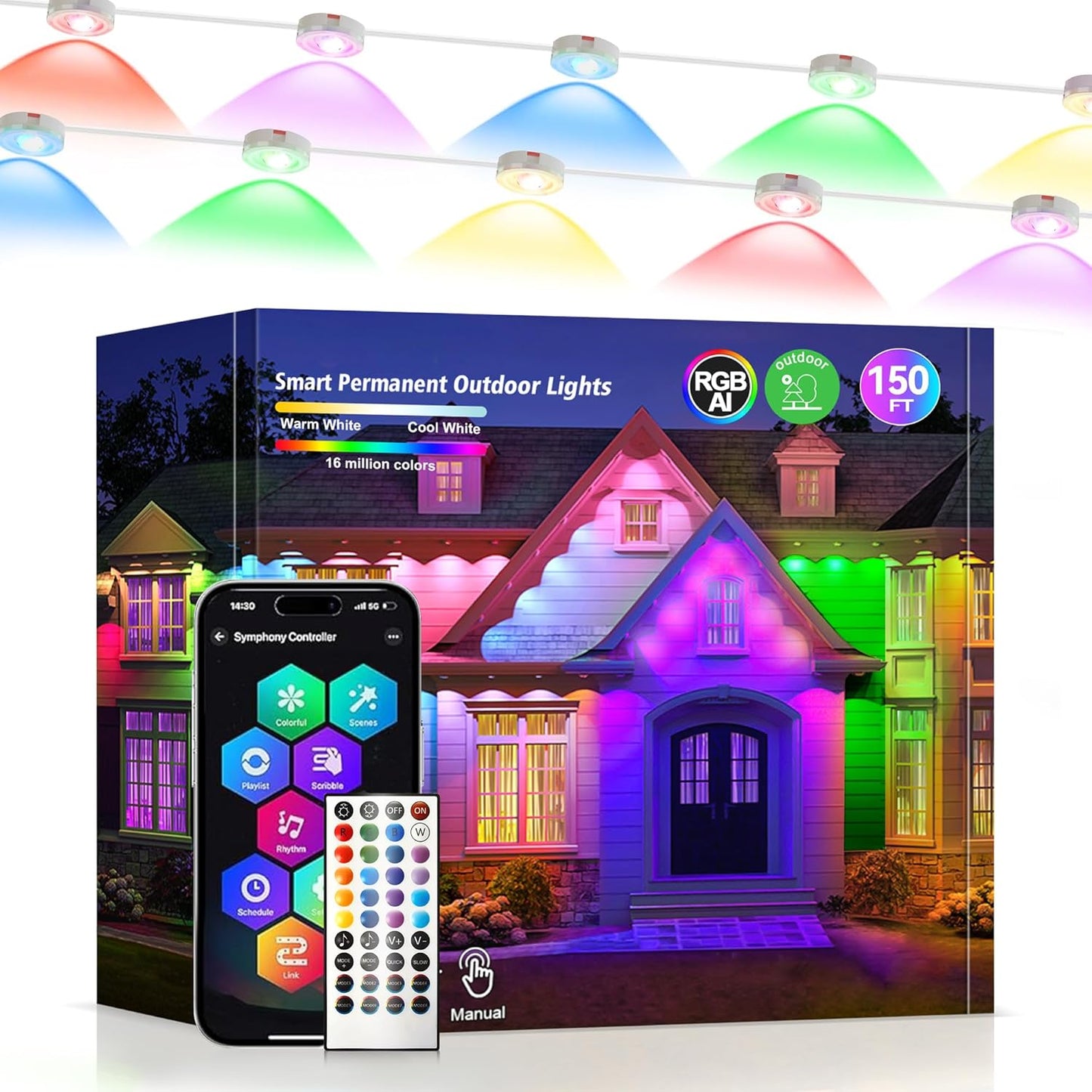 Permanent Outdoor Lights 250ft RGB+IC Outdoor String Lights App Control IP67 Waterproof,100 Scene Modes Decorations for Home,Christmas,Halloween,Holiday, Daily,Birthday Decor Lights