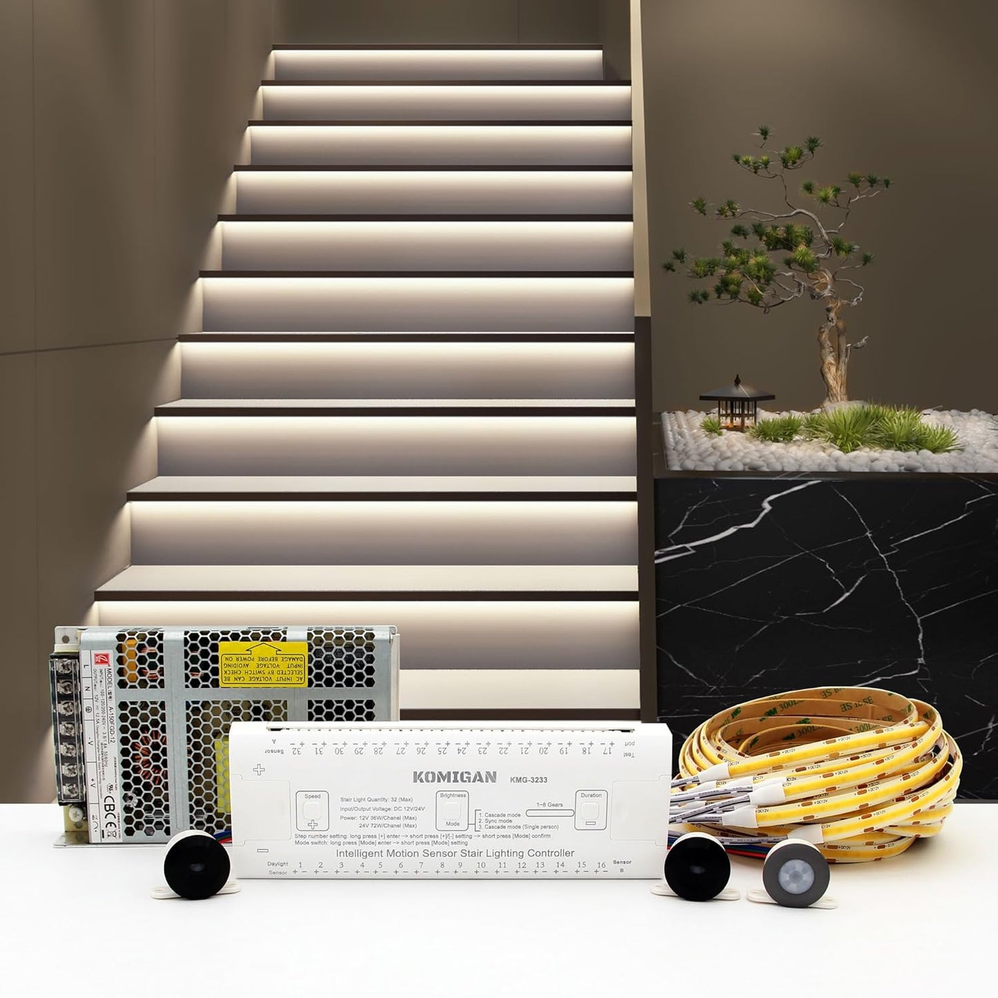 Intelligent Motion Triggered LED Stair Lighting Kit KMG-3233, 40" Cuttable LED Strip Light for Indoor LED Stair Lights (Warm White 3000K,12 Stairs)