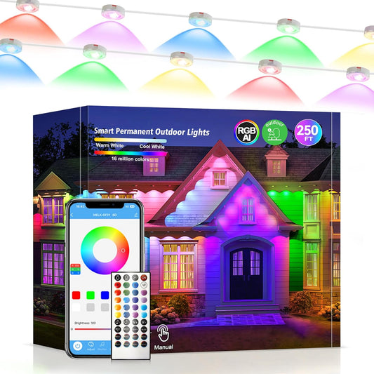 Permanent Outdoor Lights 250ft RGB+IC Outdoor String Lights App Control IP67 Waterproof,100 Scene Modes Decorations for Home,Christmas,Halloween,Holiday, Daily,Birthday Decor Lights