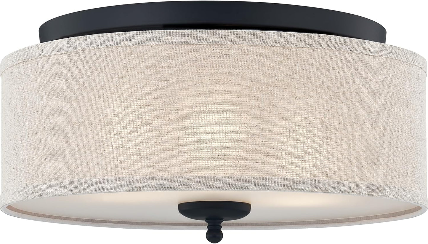Ouoizel Blanche 3-Light Round Flush Mount Ceiling Light, 16" Drum Light, Beige Fabric Shade & Matte Black Canopy, Transitional Close to Ceiling Light Fixtures for Home, Kitchen or Office Lighting