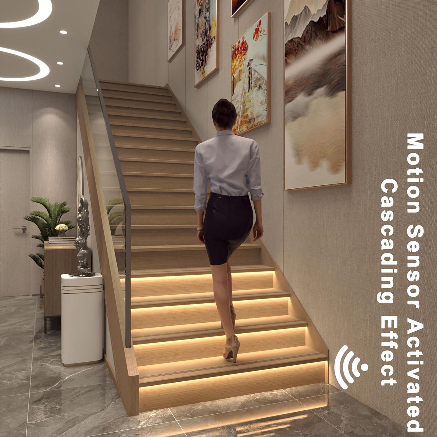 Stair Lights Motion Sensor Indoor, Smart Interior Led Step Lights 16 Stairs 40 Inch Length Cuttable Led Light Strip for Stair Case (3000K Warm White Stairway Lighting Kit)