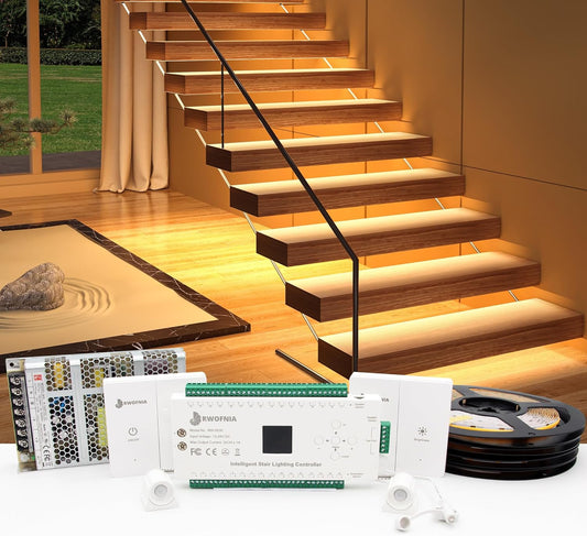 RW-5630 Motion-Activated LED Stair Lighting Kit with Daylight Sensor, 48" Warm White 3000K Cuttable Strip Light for Indoor LED Stair Lights (16 Steps)