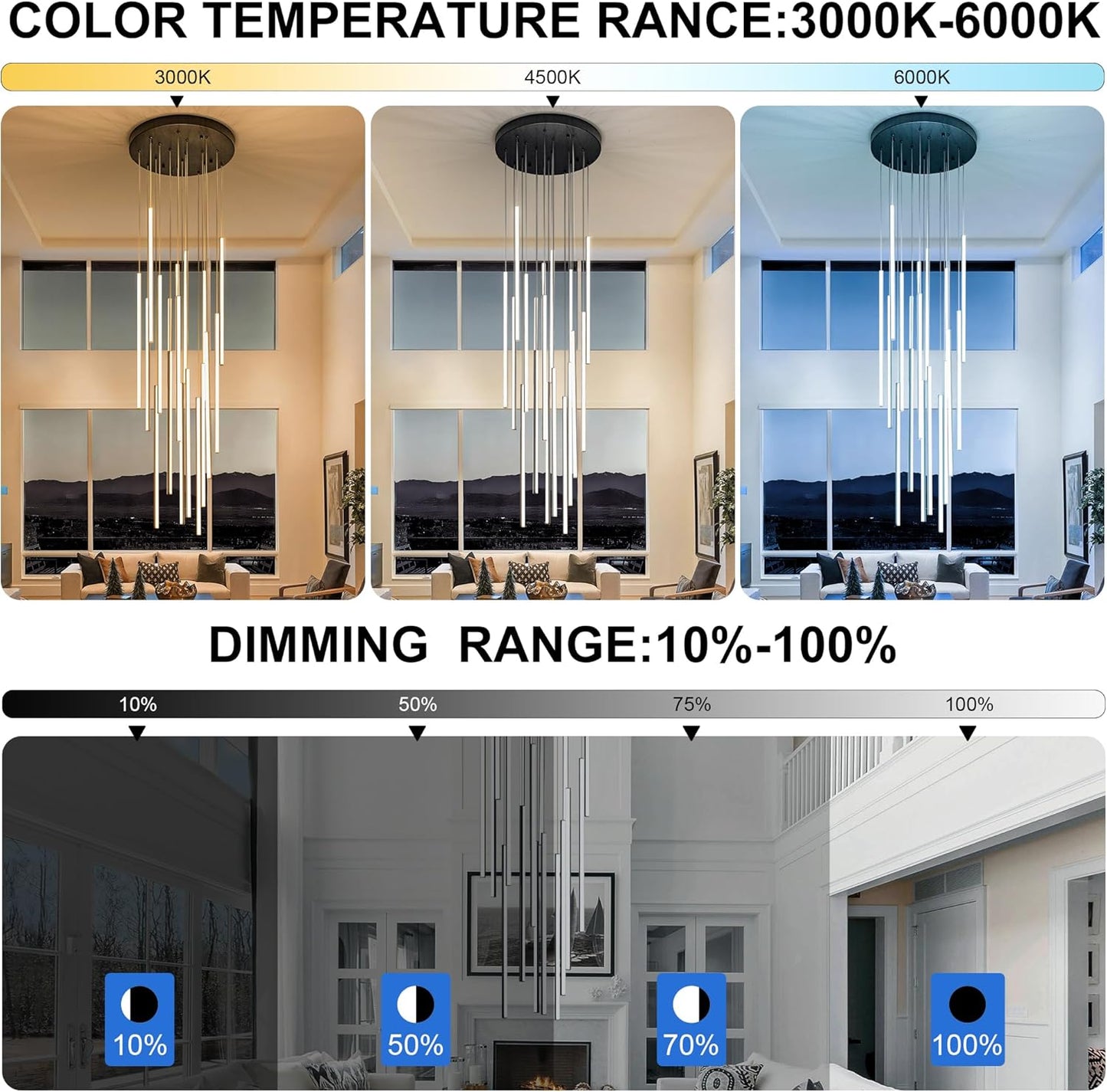 Modern LED Chandelier Clustered Led Pendant Light 18 Lights Dimmable High Ceiling Large Hanging Lighting Fixture for Loft Villa Living Room Stairs Foyer Chandelier,Black
