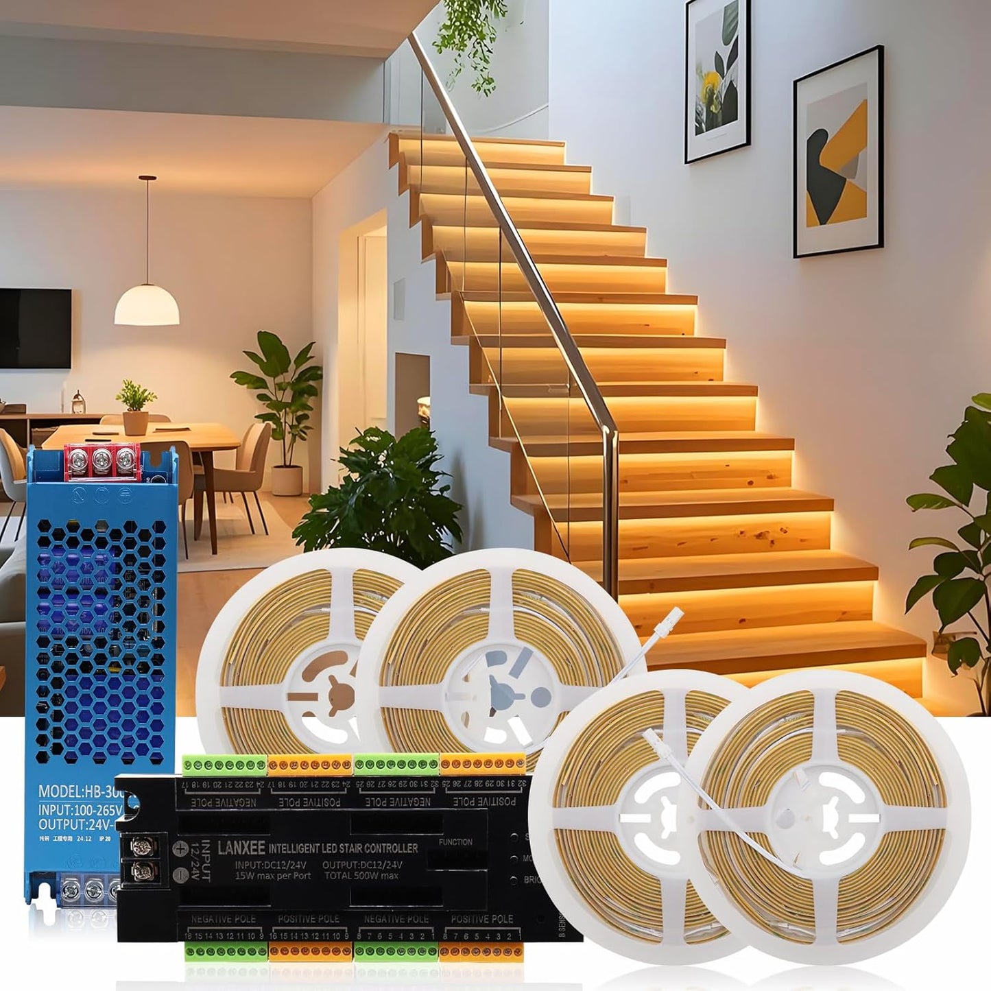 Intelligent 16-Step Motion Sensor Stair Light for Indoor, 40 inches Long Cuttable Motion Lights for Stairs (16 Stairs,3000K)
