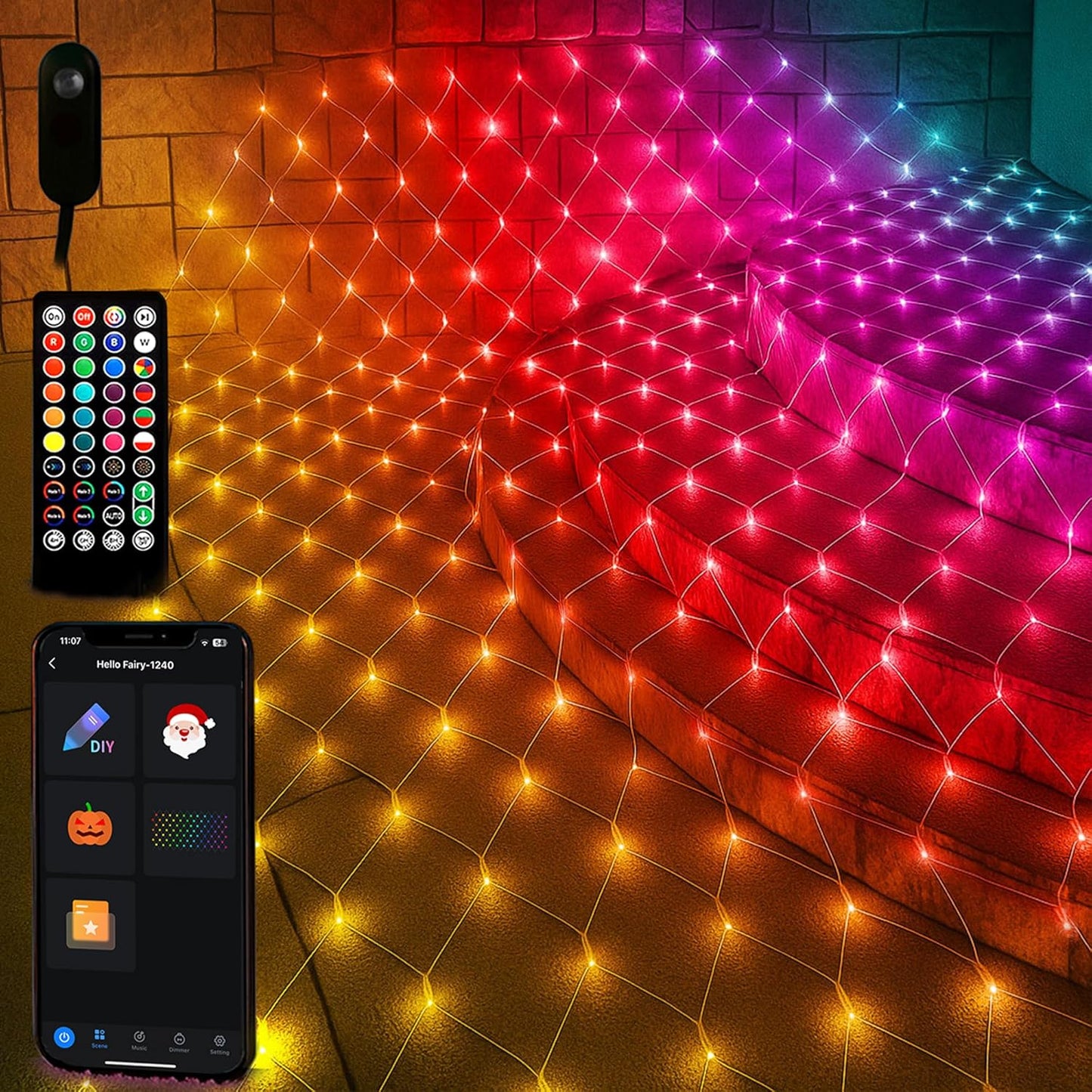 Smart Outdoor Net Lights 4 * 18ft with RGBW DIY Modes, 300 LEDs Christmas Net Lights with 100+ Preset Scenes and Timer Music Sync, Waterproof for Bushes Shrubs Tree Decoration, APP & Remote Control