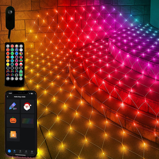 Smart Outdoor Net Lights 4 * 18ft with RGBW DIY Modes, 300 LEDs Christmas Net Lights with 100+ Preset Scenes and Timer Music Sync, Waterproof for Bushes Shrubs Tree Decoration, APP & Remote Control