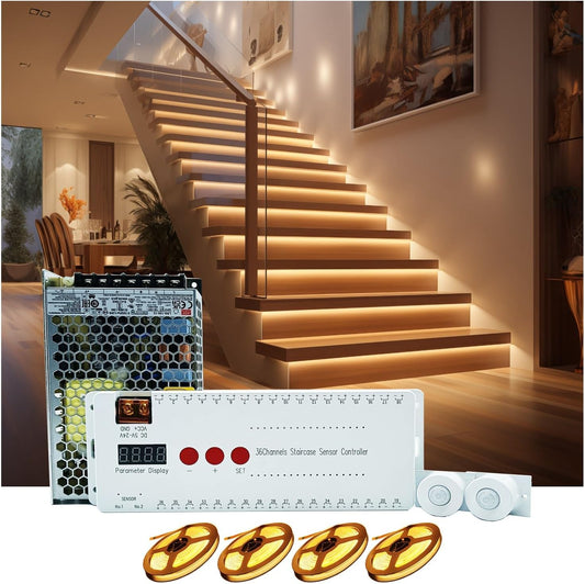 Stair Lights Motion Sensor Indoor, Smart Interior Led Step Lights 16 Stairs 40 Inch Length Cuttable Led Light Strip for Stair Case (3000K Warm White Stairway Lighting Kit)