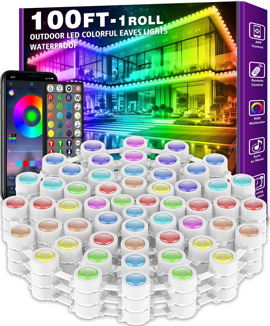 300FT Permanent Outdoor RGB Lights - IP67 Waterproof with Smart App Control Remote, DIY Scene Modes, Music Synchronization, Eaves Light for Garden Decor, Deck, Christmas, Party, Party, Halloween,Roof