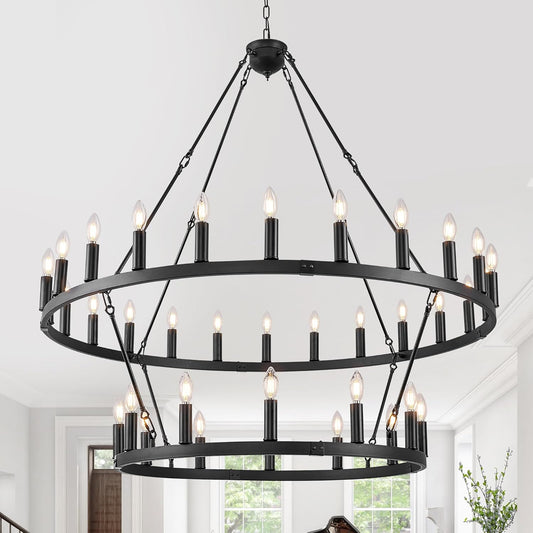 LEDIARY 48 Inch 36-Light Wagon Wheel Chandelier, 2 Tier Black Farmhouse Chandeliers for Dining Room, Modern Rustic Extra Large Round Hanging Light Fixture for High Ceilings, Living Room, Foyer