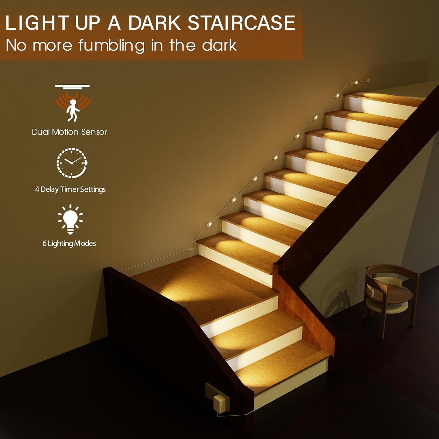 Upgraded Smart Stair Lights Motion Sensor Indoor, Plug-In Stairway Lights Indoor Hallway Baseboard Lighting with Cascading Effect, Dimmable, 3000K-6000K (12 Stairs)