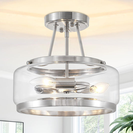 Brushed Nickel Modern Glass Ceiling Light, 3-Light Drum Semi Flush Mount Ceiling Light Fixture, Entryway Light Fixture, Ceiling Lamp for Hallway Bedroom Laundry Kitchen Dining Room Lighting, UL-Listed