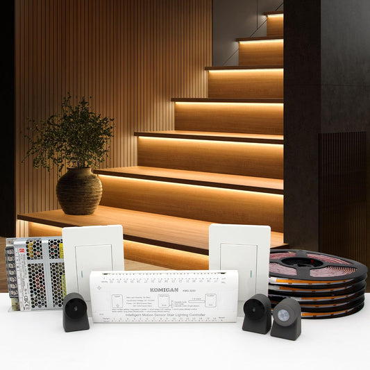 KMG-3233 Motion-Activated LED Stair Lighting Kit, 48" Long Cuttable Strip Light for Indoor LED Stair Lights (Warm White 3000K, 12 Steps)