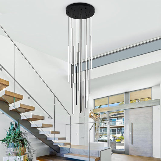 Modern LED Chandelier Clustered Led Pendant Light 18 Lights Dimmable High Ceiling Large Hanging Lighting Fixture for Loft Villa Living Room Stairs Foyer Chandelier，Black