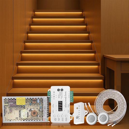 Intelligent Motion Triggered LED Stair Lighting Kit, 60 Inches Long Cuttable LED Strip Light for Indoor Stair Lights (Warm White 3000K, 10-15 Stairs)